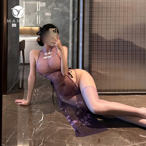 Lencería Erótica Man Yu Cheongsam con Abertura, Tirantes, Malla Transparente, Tentación Apasionada, Estampado, Sin Necesidad de Quitar, para Juego de Roles - Product Image 2
