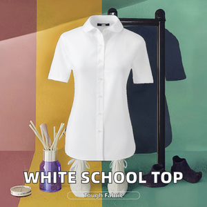 Uniformes scolaires personnalisés pour filles de maternelle et primaire : Blouse blanche moderne à col Peter Pan, manches courtes, design élégant pour - Product Image 3