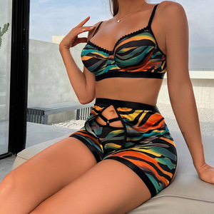 Nouvel ensemble de lingerie érotique à rayures multicolores, ensemble de soutien-gorge sexy en trois pièces pour la plage en plein air - Product Image 4