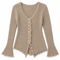 Cardigan en tricot côtelé en polyester personnalisé ODM, col en V, boutonnage simple, manches longues, pour femme, automne