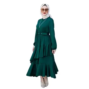ตะวันออกกลางผู้หญิงสวมใส่ Turkiye ยอดนิยมชุดยาวชุดมุสลิมสองชั้น Ruffles ชุดเสื้อคลุม