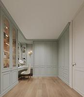 Dressing sur mesure moderne en MDF blanc crème avec table de maquillage intégrée et bureau d'étude pour villa, mobilier personnalisé pour toute la maison