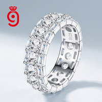 Bague de mariage en argent sterling S925 entièrement pavée de moissanite, coupes rondes et baguette mélangées, avec anneau intérieur creux pour un port confortable