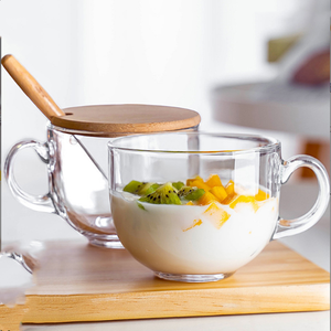 Sublimación <span class=keywords><strong>Desayuno</strong></span> Té de la leche Taza de café Taza 14oz 15oz Taza de café de vidrio transparente Taza con asa Tapa y cuchara de madera de bambú - Product Image 1