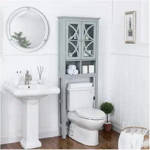 Wooden Standing Bathroom Storage Cabinet Shelf Over The Toilet Organizer With Double Glass Doors