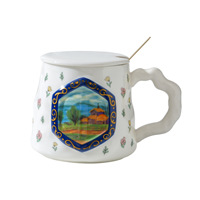 Tasse en céramique à motif floral, résistante aux hautes températures, grande capacité, tasse à café française avec cuillère, cadeau pratique