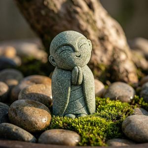 Statue de Jizo, petit moine Bouddha, sculpture en grès mat pour jardin zen, sourire incliné, décoration de méditation, cadeau pour la maison, le bureau, gris - Product Image 3