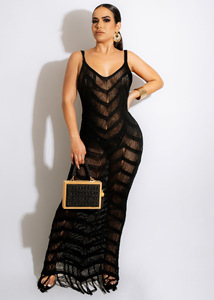 Último diseño verano playa lleva correa de punto Bikini traje de baño ganchillo borla Bikinis y ropa de playa Sexy Maxi Vestido de playa - Product Image 5