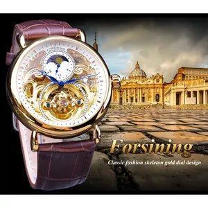 Orologio Meccanico Automatico da Uomo Forsining di Lusso, Display in Oro Bianco, Cinturino in Pelle Marrone, Fasi Lunari, Lancette Blu, Scheletrato, Impermeabile - Product Image 3