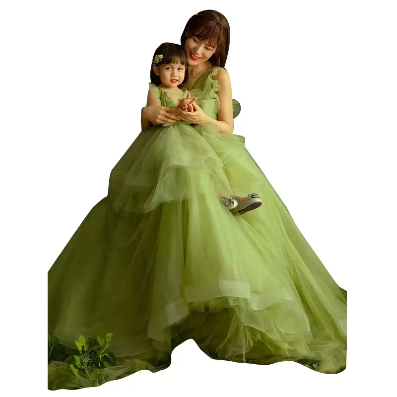2772 أزياء الأخضر صورة الأم الابنة استوديو زهرة الفتيات فساتين منفوشة المضيف ملابس الأطفال الحزب