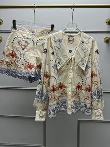 Women's Vintage French Style 2-Piece Set Floral Hollow Embroidered Printed Lapel Long Sleeve Shirt <b>Top</b> & Above Knee Shorts - Product Image 3