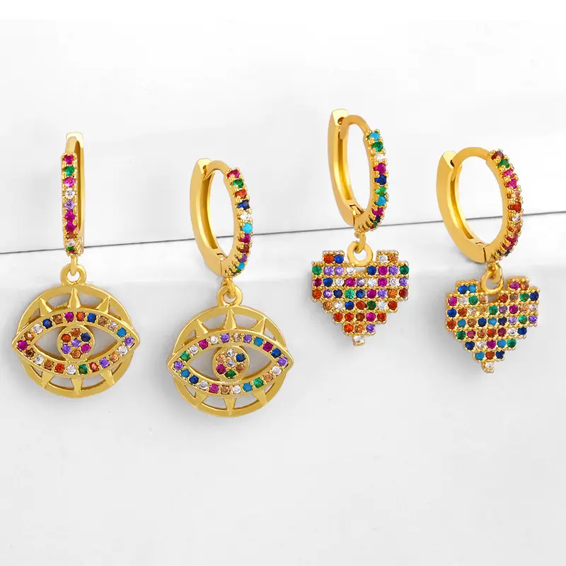 Clarmer Европейский дизайн ювелирных изделий глаз Форма в форме сердца разноцветный Цирконий латуни 18k позолоченные серьги-клипсы для женщин