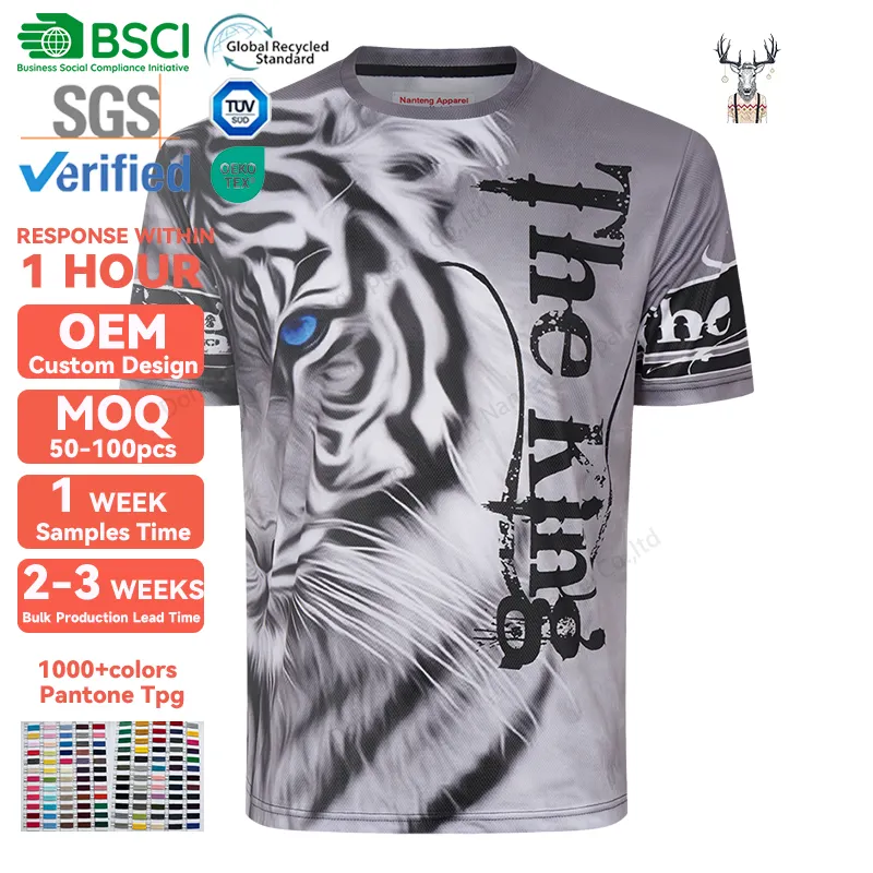 Nanteng personalizado de alta calidad 100% poliéster patrón de tigre de lujo cuello redondo bolsillo pulóver sublimación para hombres camisetas