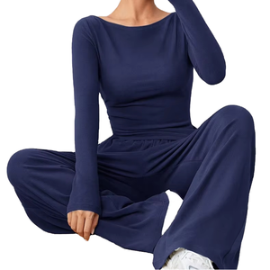 2025 nuevo otoño logotipo personalizado mujer tejido de dos piezas conjunto de Yoga Casual para pantalones de pierna ancha sólido manga larga flaco - Product Image 4