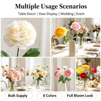 Fleur de Renoncule Artificielle Multicolore Effet Naturel, Tige Unique avec Feuilles Floquées, pour Décoration de Mariage, Fête, Maison, Table et Arrangements en Vase