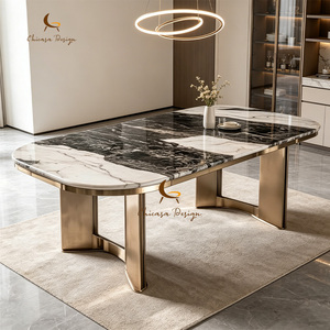 Table à manger ovale en marbre poli avec plateau brillant, cadre en métal doré, pieds courbés, spacieuse, pour plusieurs personnes, pour la maison - Product Image 1