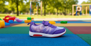 Scarpe sportive per bambini con stampa galattica viola, chiusura in velcro e suola in gomma per il gioco attivo - Product Image 2