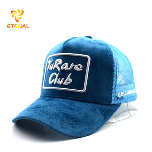 Cappellino Sportivo OEM Personalizzato di Alta Qualità a 5 Pannelli con Logo Ricamato 3D, Rete e Chiusura Snapback, in Velluto Blu Pavone e Tessuto Dobby a Pois - Product Image 3