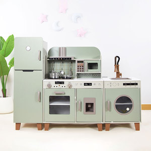 Pretend 3-in-1 Kitchen + Fridge + Laundry Play <b>Set</b> Modern Sage Green Wooden Kids Play <b>Set</b> with Oven, <b>Microwave</b>, Sink and Faucet - Product Image 2