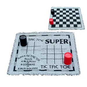 Outdoor Indoor Checkers and Tic Tac Toe 3 Games In One Set wtih a Cloth Chess Board and Plastic Checker Pieces