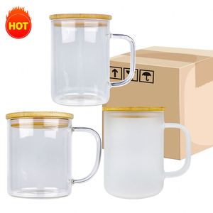 Mug de camping en verre transparent vierge en borosilicate de haute qualité, 11oz 17oz, avec couvercle en bambou et paille, pour transfert par sublimation et revêtement thermique - Product Image 1