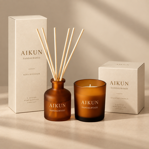 Ensemble diffuseur de parfum et bougie parfumée Aikun en verre ambré avec coffrets cadeaux individuels pour présentation en magasin - Product Image 1