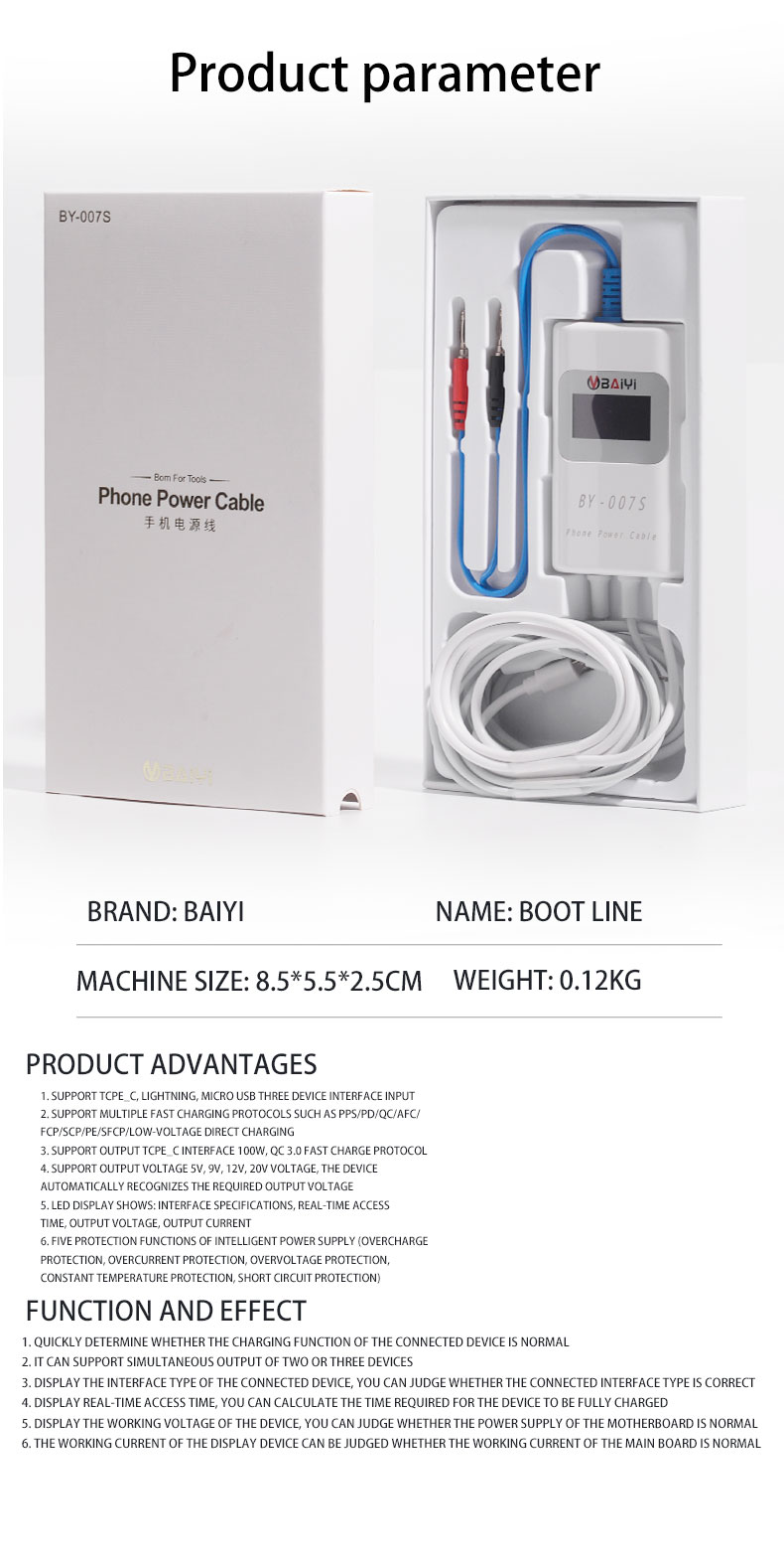 BY-007S Smart Charging Detection Line Cable Support Multiple Fast-charging Protocols TypeC Lightning Micro USB Three Device Tool