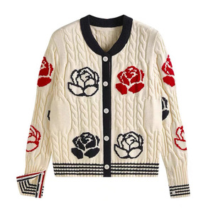 Women's Rose Intarsia Cable Knit <b>Cardigan</b> Slim Fit Floral Print Outerwear - Product Image 1