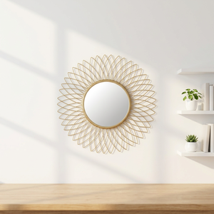 Miroir mural rond en métal avec design bohème en forme de soleil, miroir décoratif encadré or pour décoration murale de salon - Product Image 1