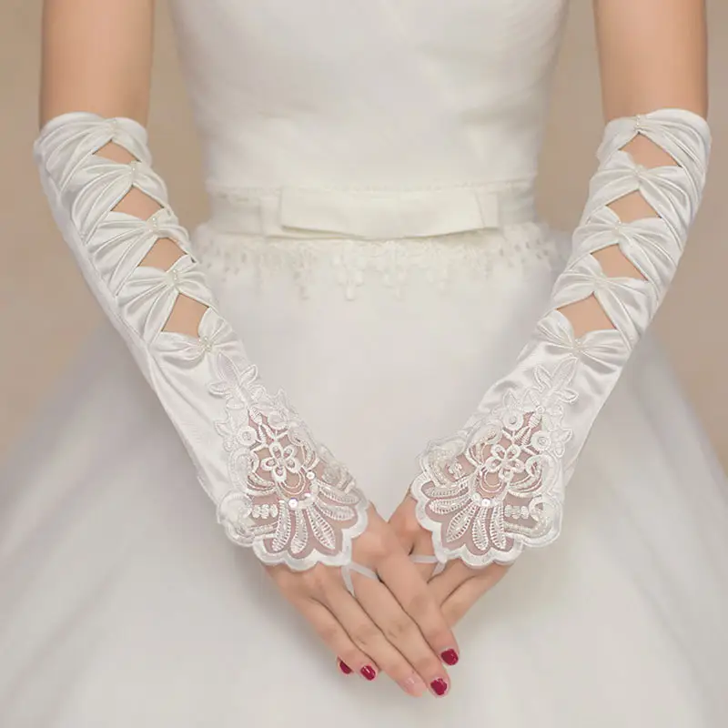 Bridal Wedding Dress Gloves Fingerless String Dishes Embroidered Beaded Gloves Red White Long Sleeve Sequin Hand Sleeves