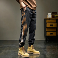Pantalon décontracté pour hommes, coupe droite, patchwork, pantalon de travail, printemps, ample, taille mi-haute élastique, avec cordon de serrage à la cheville