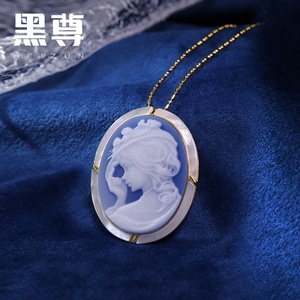 Agate bleue camée 3D sculpture S925 argent plaqué or Victoria Lady pendentif collier pour femmes élégantes <span class=keywords><strong>bijoux</strong></span> - Product Image 3