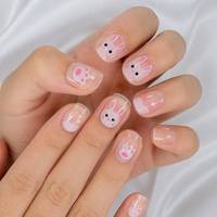 Vente en gros de faux ongles pour enfants, courts, ronds, mignons, roses, à motifs de dessins animés, pour filles, réutilisables, écologiques, logo personnalisé
