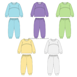 Ensemble sweat-shirt et pantalon de jogging deux pièces bleu uni à bordure festonnée pour filles – Vente en gros – Fournisseur d'usine - Product Image 4