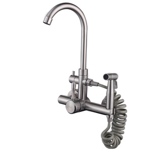 Kitchen Faucet 304 Stainless Steel Wall <b>Mounted</b> 2 Handle Pull Out <b>Spray</b> Modern Design With Ceramic Valve Core - Product Image 2