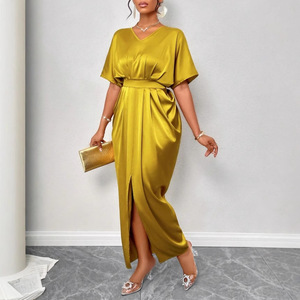 Tinta unita satinato <span class=keywords><strong>con</strong></span> scollo a V a maniche corte e <span class=keywords><strong>spacco</strong></span> elegante gonna lunga per <span class=keywords><strong>abito</strong></span> da donna - Product Image 4