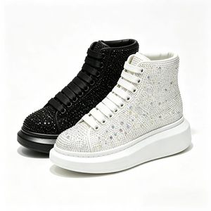 Baskets montantes à strass, bout rond, à lacets, plateforme, blanches et noires, tige en PU, semelle extérieure en caoutchouc, chaussures décontractées toutes saisons - Product Image 1