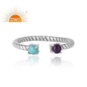 Bague en argent sterling oxydé antique avec améthyste et turquoise naturelles, fournisseur de bijoux indiens - Product Image 5