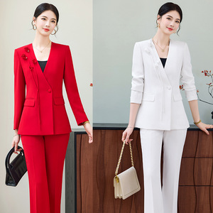 Women's Suit Set Red White Solid Color Polyester Fiber Spring <b>Work</b> Formal Wear Casual Suit Professional Office Outfit - Product Image 1