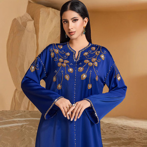 Abaya Islamica Blu Navy Resistente Cucita a Mano OEM/ODM, <span class=keywords><strong>Abbigliamento</strong></span> Islamico Taglie Forti, Vestito Lungo Elegante Stile Golfo per Ramadan ed Eid - Product Image 6