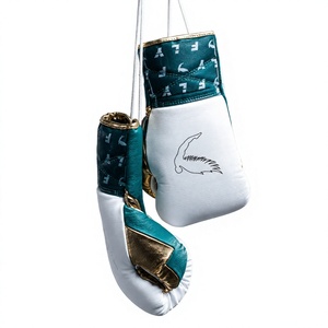 Fly New latest Design Printed <b>Laced</b> Up Genuine Cowhide Leather Adult Training Gear Breathable Boxing <b>Green</b> White Boxing Gloves - Product Image 1