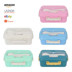 Wheat Straw Lunch Box <b>Large</b> Capacity Bento Box Microwaveable Office Student Use Solid Color Rectangle Lid <b>Plastic</b> Handleless - Product Image 1