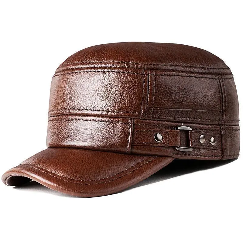 Fashion Curved Brim Flat-top Hats Men Fitted Adjustable Leather Thickened Winter Waterproof Caps