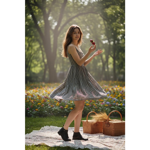 Vestido Mini <span class=keywords><strong>de</strong></span> Verano para Mujer, Estilo Vintage, Cuadros Negros, Cuello Cuadrado, Sin Mangas, Línea A, Informal, para Picnic - Product Image 1