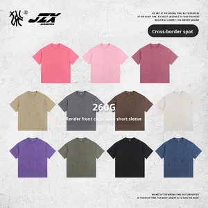 260g <span class=keywords><strong>Vintage</strong></span> lavé en détresse pur coton col rond cravate-teinture déchiré T-Shirt ample unisexe à la mode marque à manches courtes solide - Product Image 4