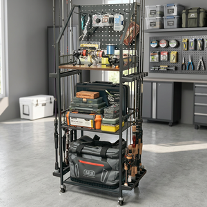 Support de <span class=keywords><strong>rangement</strong></span> multifonctionnel en métal pour cannes <span class=keywords><strong>à</strong></span> <span class=keywords><strong>pêche</strong></span> et moulinets, avec boîte <span class=keywords><strong>à</strong></span> outils et rotation multidirectionnelle - Product Image 6