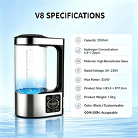 Bouilloire à eau hydrogénée en verre borosilicate de grande capacité 2L, ODM OEM, 0,8-1,2 ppm, soulagement de la fatigue, détoxification, machine à eau hydrogénée