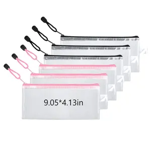 A6 PVC Multipurpose Clear Bags Black Pink Zipper Mesh Pouch for Office Supplies Document Pencils Cosmetics Travel Accessories