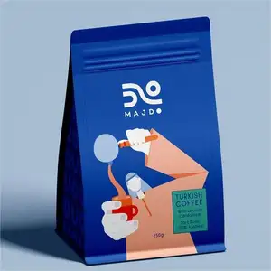 Blue Coffee Bags With Valve And Zipper Custom Logo PE Tea Packaging Flat Bottom Bag For Small Business