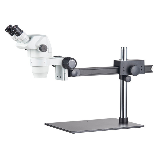 6.7x-90x Trinocular Stereo Zoom Microscope SZ6745T-STL4 With Single Arm Boom Stand 144LED Ring Light Black